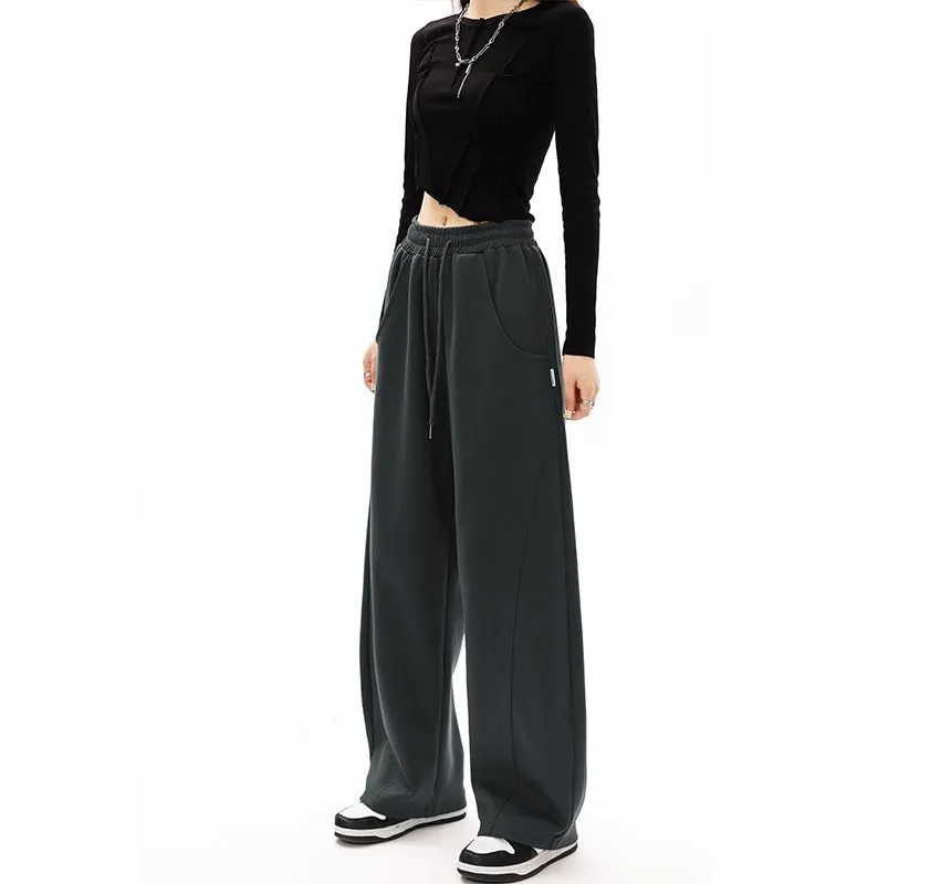 Plain Wide-Leg Sweatpants with Drawstring and Pockets in Mid-Waist - dd22