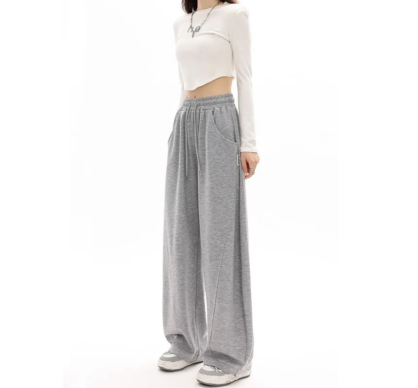 Plain Wide-Leg Sweatpants with Drawstring and Pockets in Mid-Waist - dd22