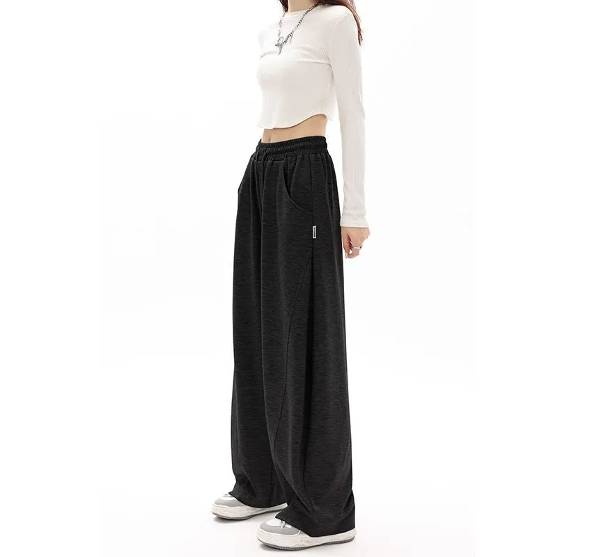 Plain Wide-Leg Sweatpants with Drawstring and Pockets in Mid-Waist - dd22