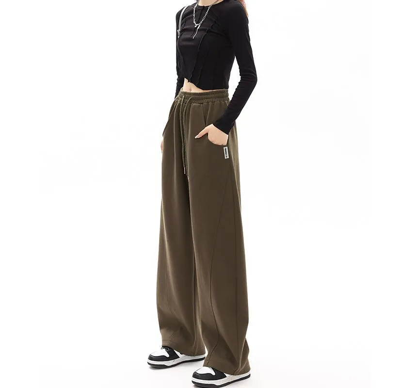 Plain Wide-Leg Sweatpants with Drawstring and Pockets in Mid-Waist - dd22