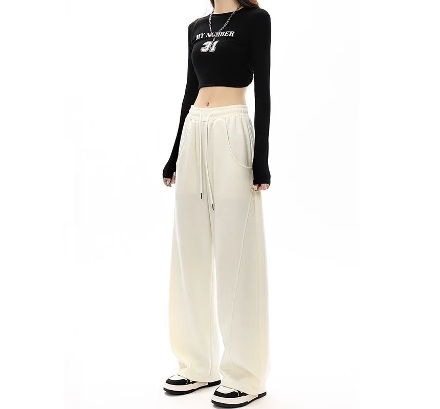 Plain Wide-Leg Sweatpants with Drawstring and Pockets in Mid-Waist - dd22