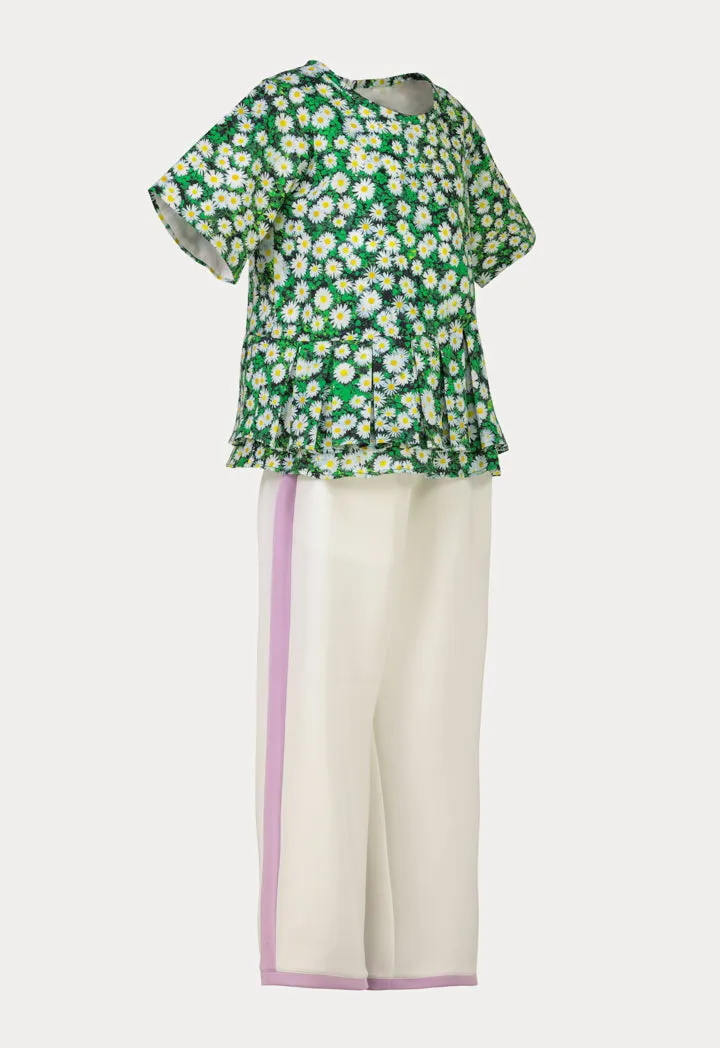 Pleated Floral Print Peplum Pant Set