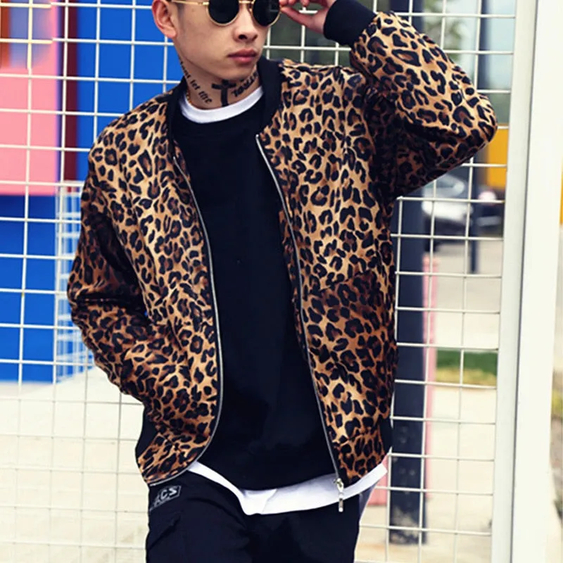 Polyester Leopard Print Hip Hop Baseball Jacket