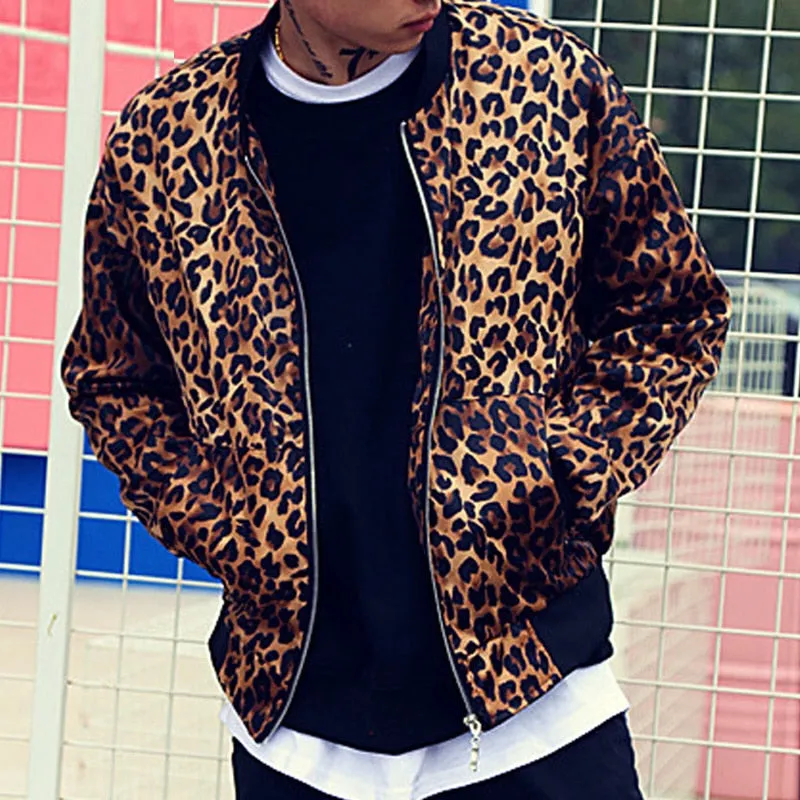 Polyester Leopard Print Hip Hop Baseball Jacket