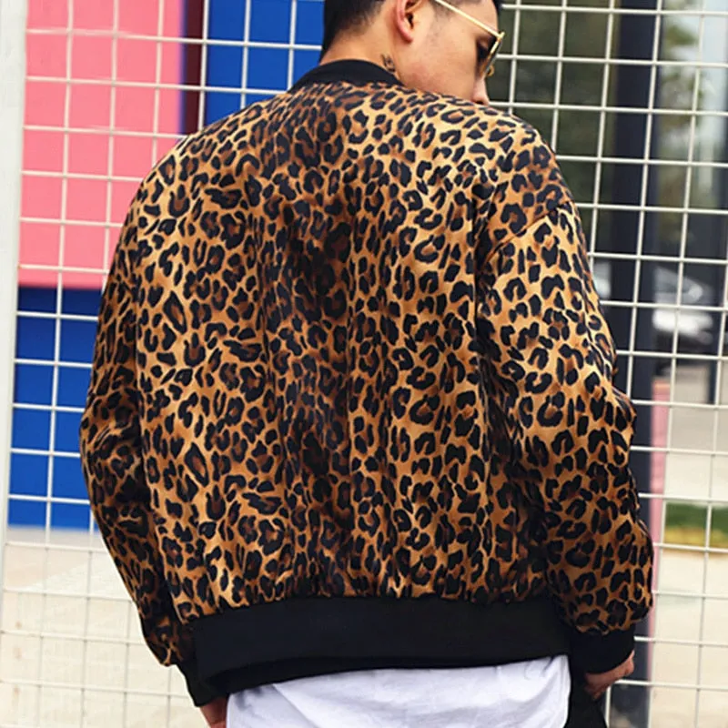 Polyester Leopard Print Hip Hop Baseball Jacket