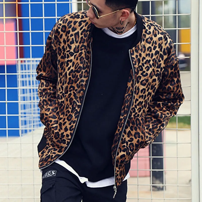 Polyester Leopard Print Hip Hop Baseball Jacket