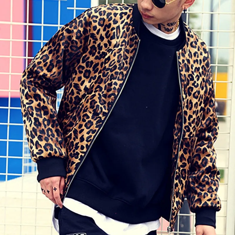 Polyester Leopard Print Hip Hop Baseball Jacket