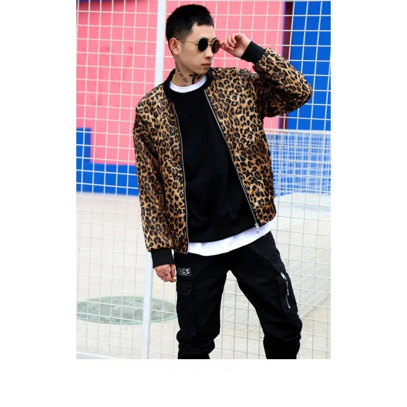 Polyester Leopard Print Hip Hop Baseball Jacket