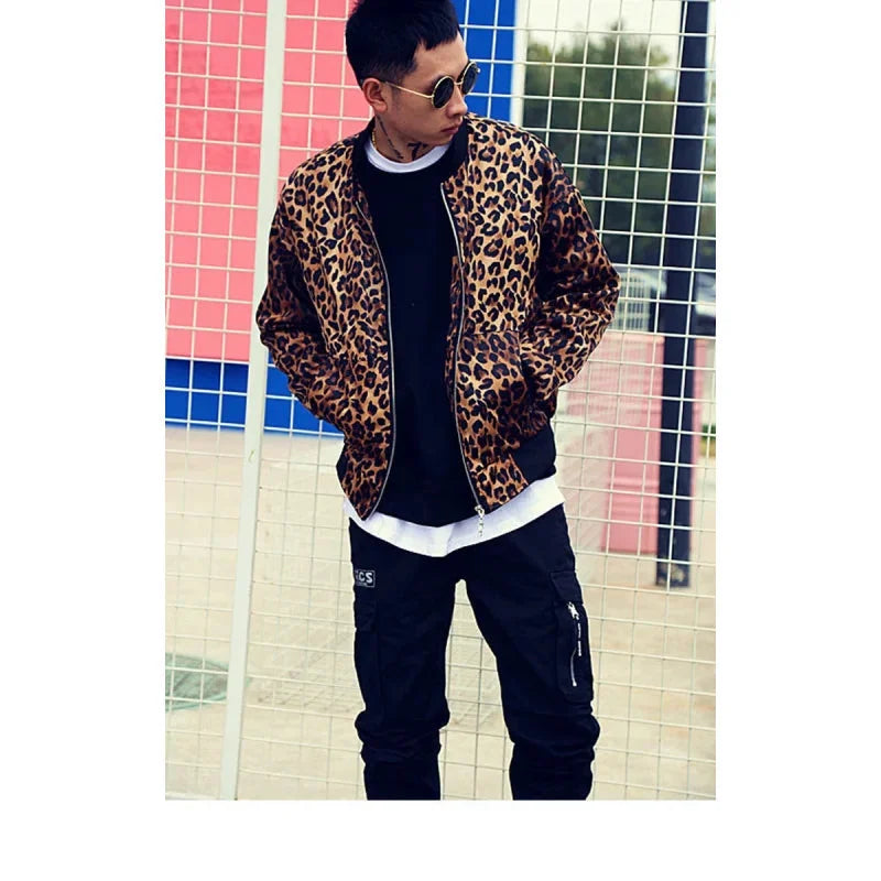 Polyester Leopard Print Hip Hop Baseball Jacket