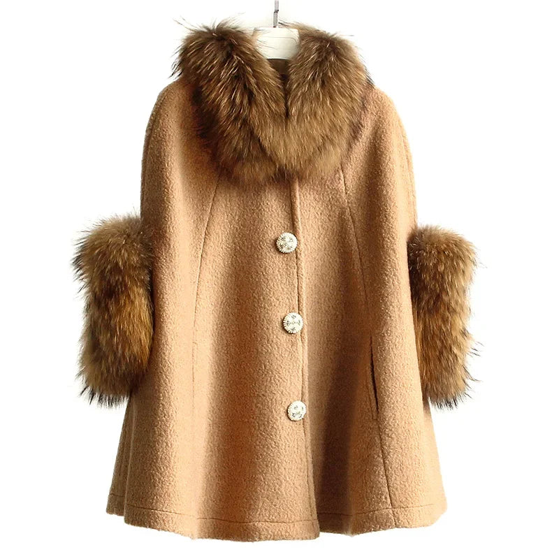 Real Raccoon Fur Shawl Woolen Winter Cloak Jacket for Women