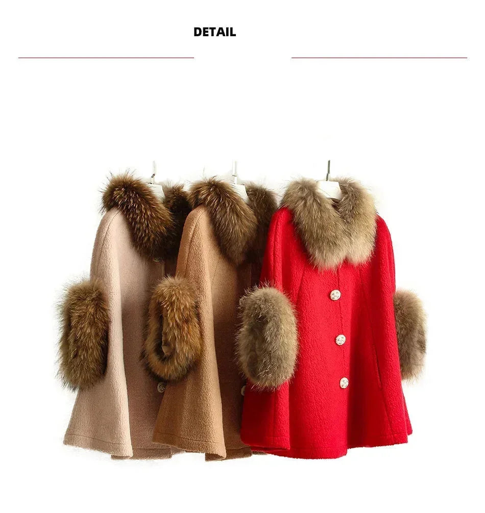 Real Raccoon Fur Shawl Woolen Winter Cloak Jacket for Women