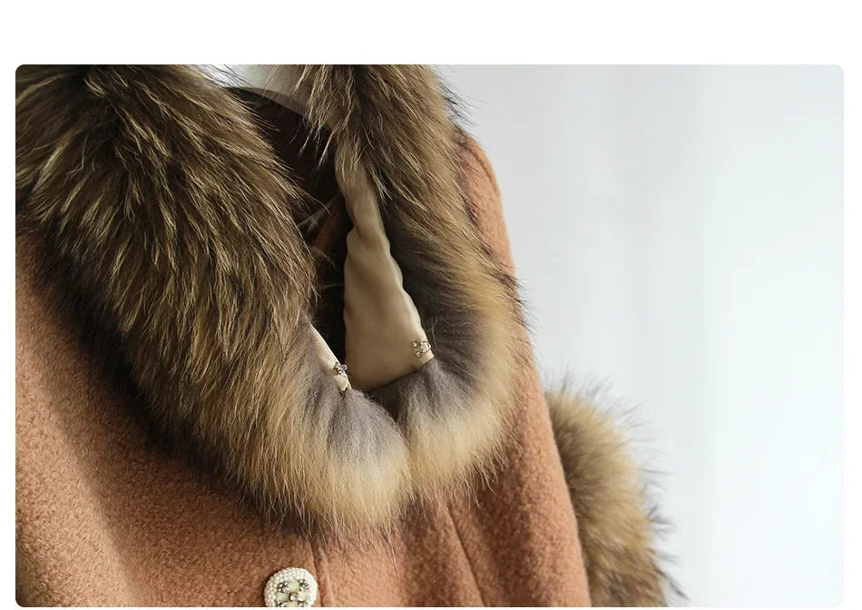 Real Raccoon Fur Shawl Woolen Winter Cloak Jacket for Women