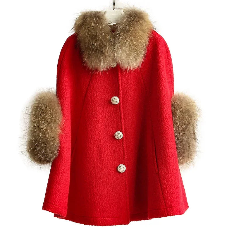 Real Raccoon Fur Shawl Woolen Winter Cloak Jacket for Women