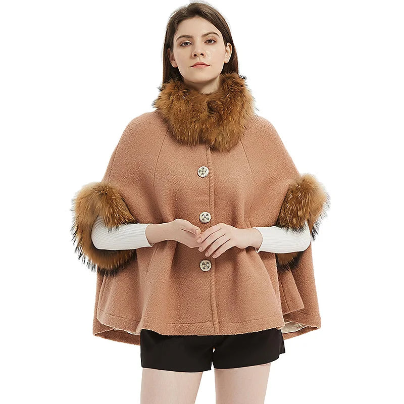 Real Raccoon Fur Shawl Woolen Winter Cloak Jacket for Women