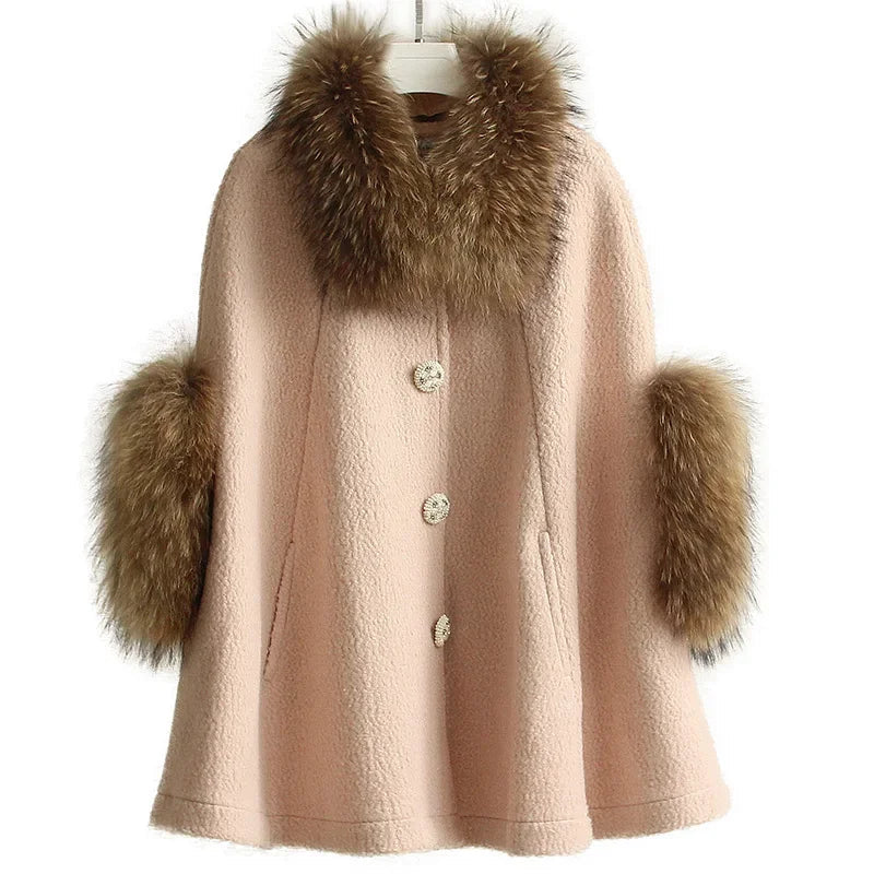 Real Raccoon Fur Shawl Woolen Winter Cloak Jacket for Women