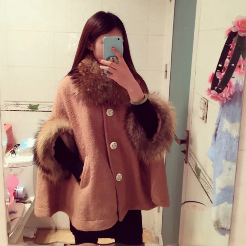 Real Raccoon Fur Shawl Woolen Winter Cloak Jacket for Women