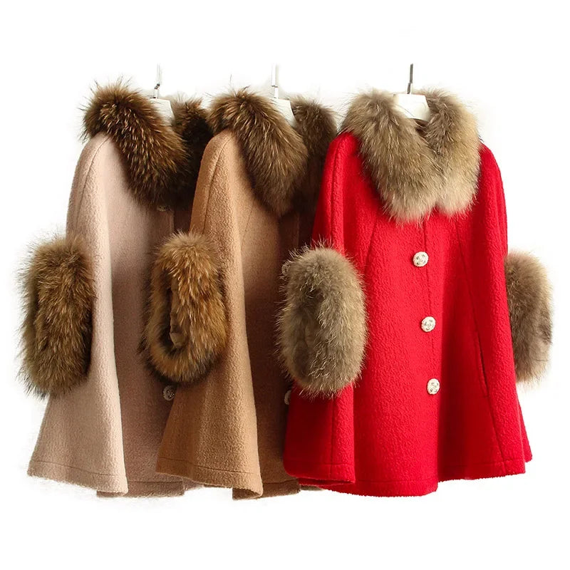 Real Raccoon Fur Shawl Woolen Winter Cloak Jacket for Women