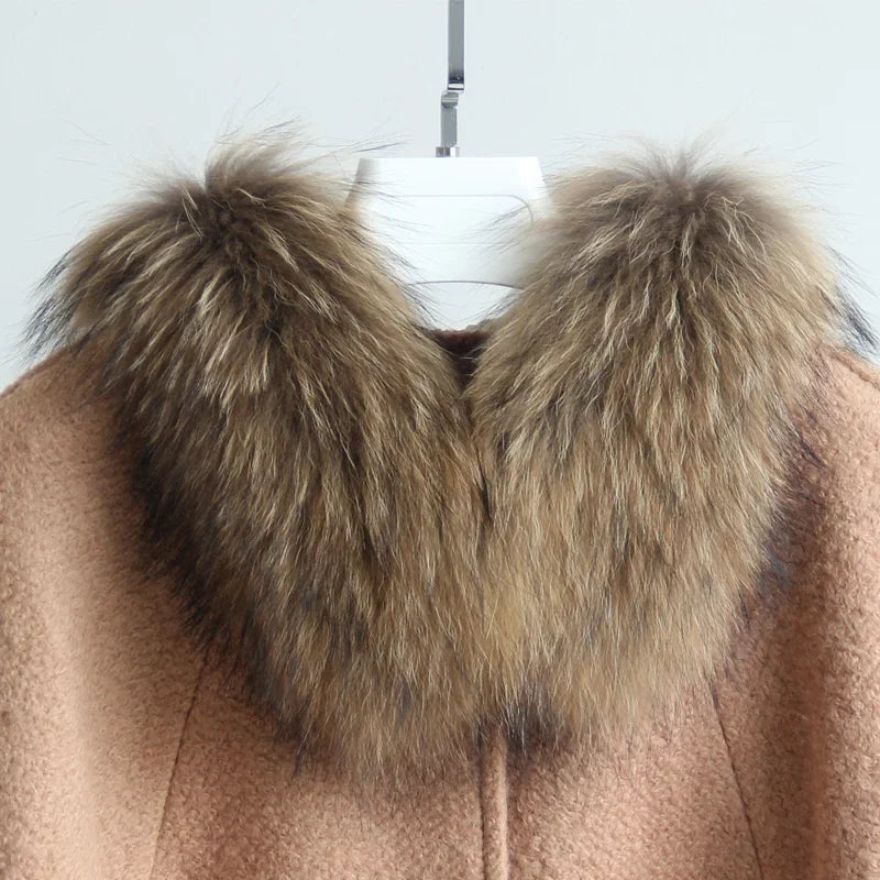 Real Raccoon Fur Shawl Woolen Winter Cloak Jacket for Women