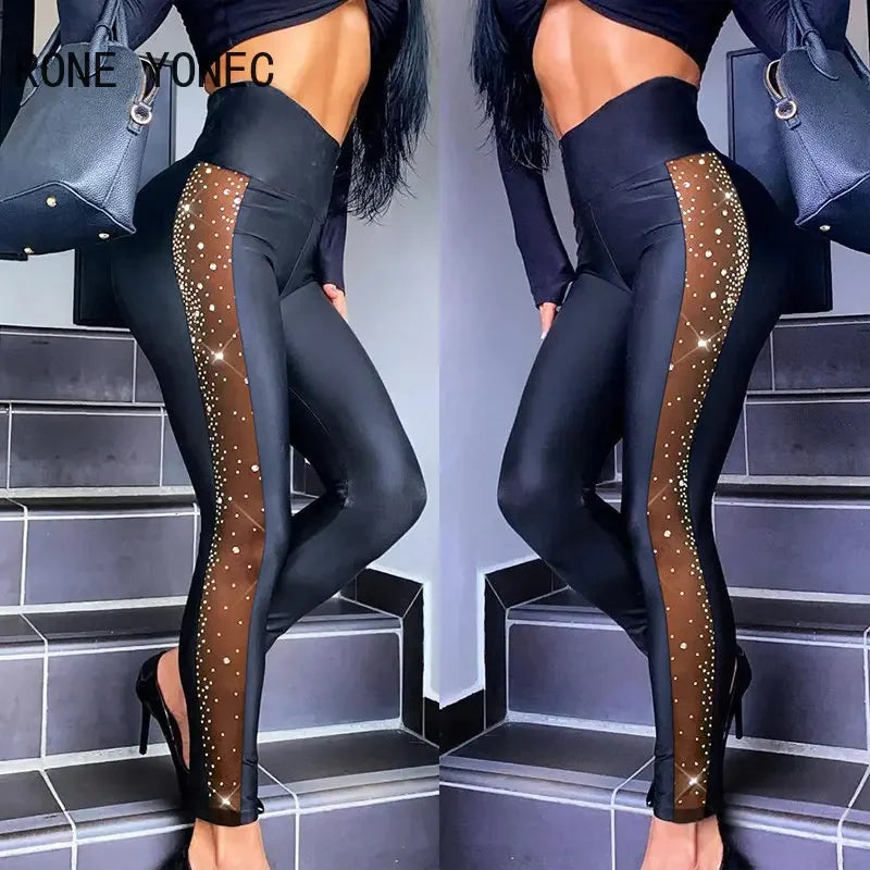 Rhinestone High Waist Contrast Mesh Leggings