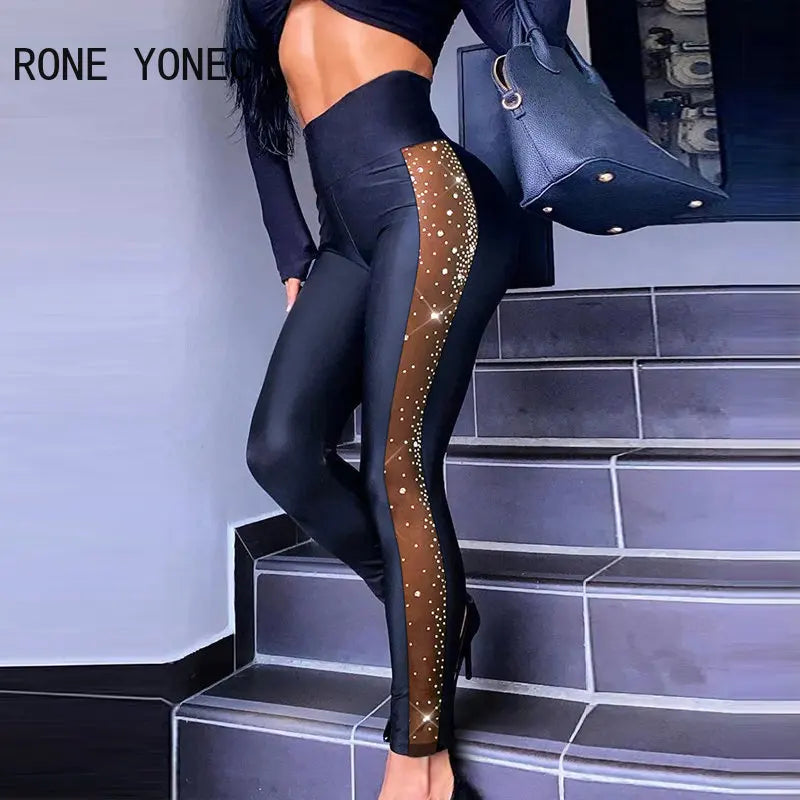 Rhinestone High Waist Contrast Mesh Leggings