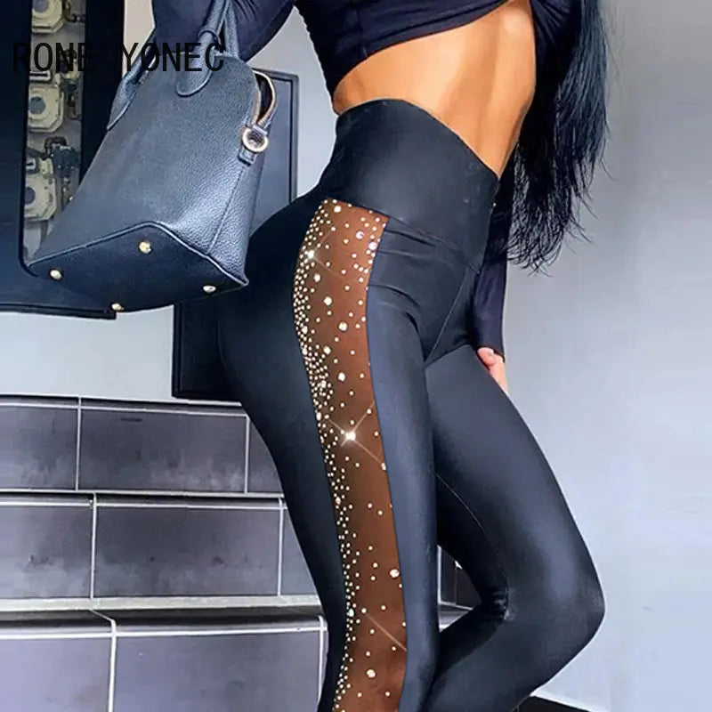 Rhinestone High Waist Contrast Mesh Leggings