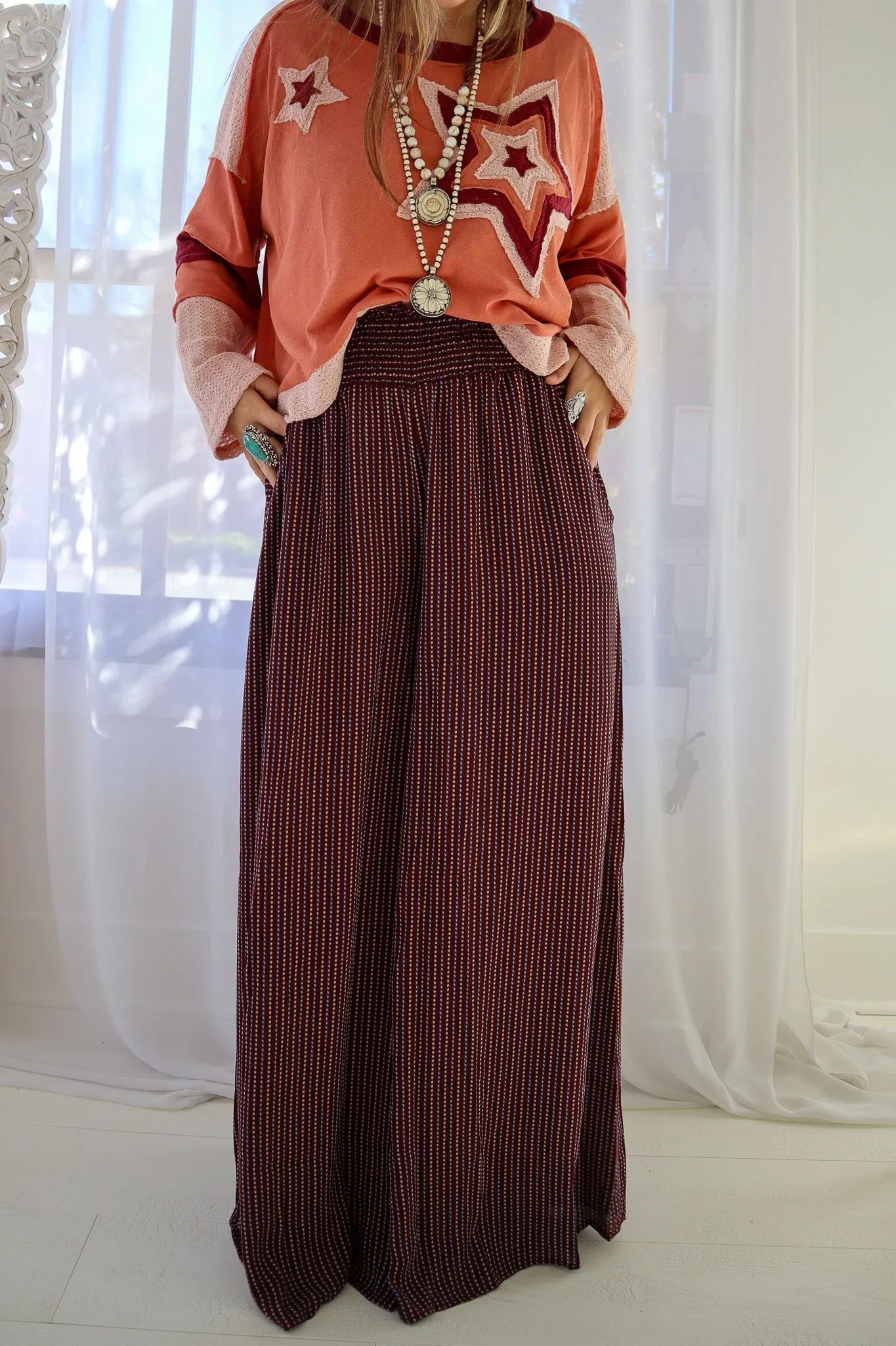 Sabrina wide leg maxi pants, burgundy combo, smocked waist, on sale.