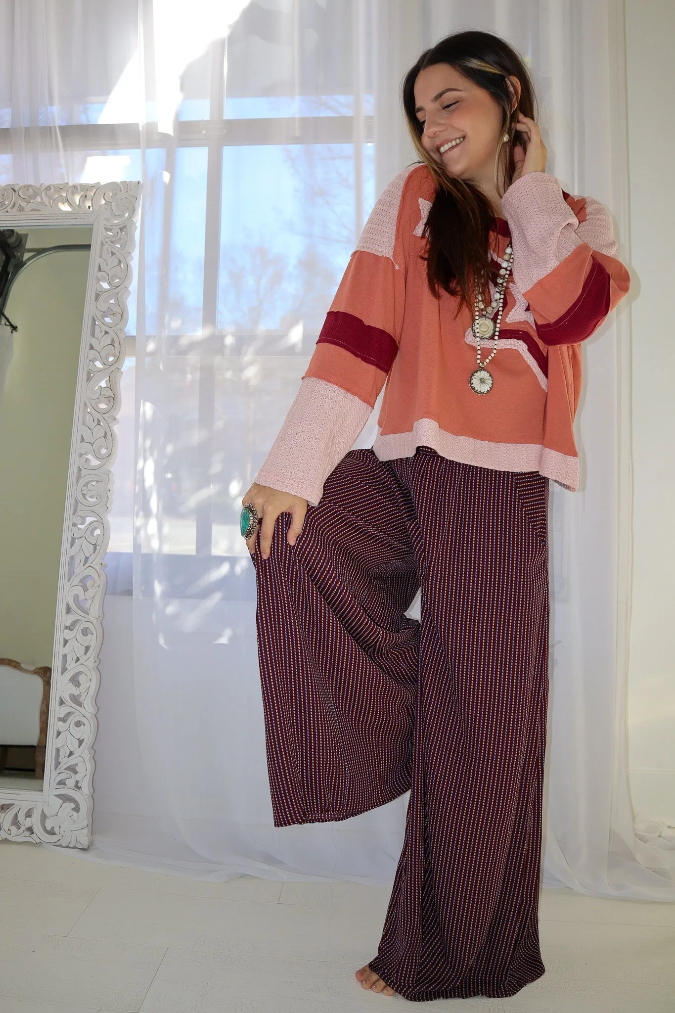 Sabrina wide leg maxi pants, burgundy combo, smocked waist, on sale.