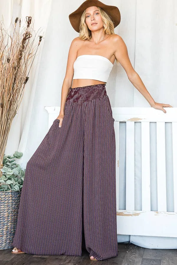 Sabrina wide leg maxi pants, burgundy combo, smocked waist, on sale.