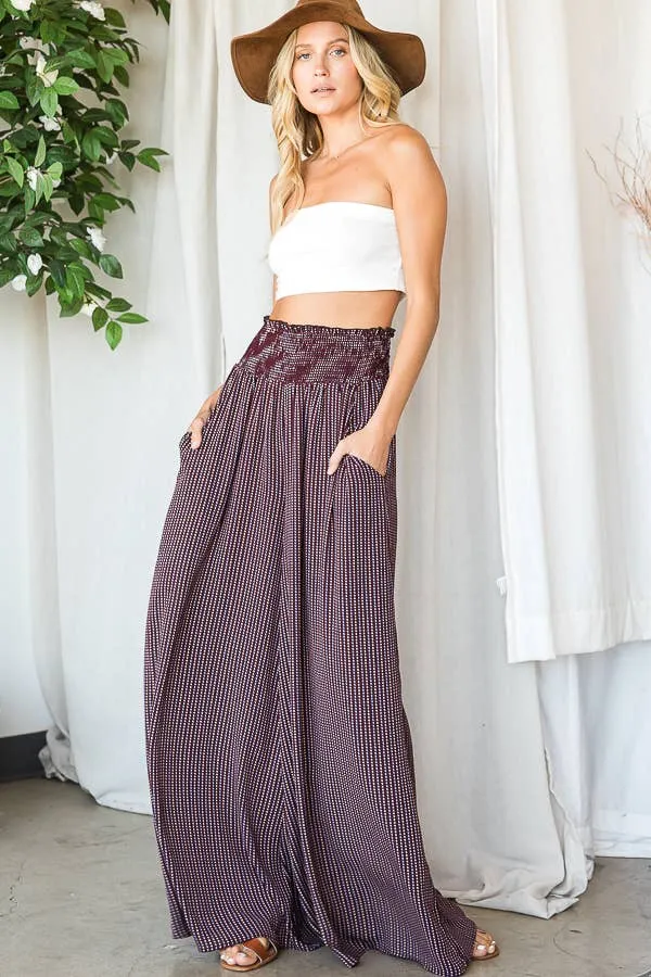 Sabrina wide leg maxi pants, burgundy combo, smocked waist, on sale.