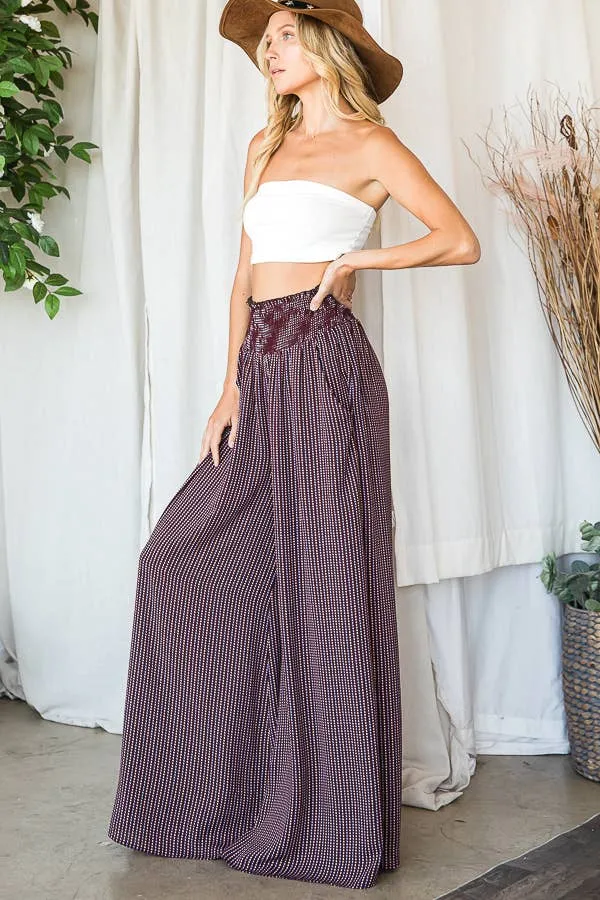 Sabrina wide leg maxi pants, burgundy combo, smocked waist, on sale.