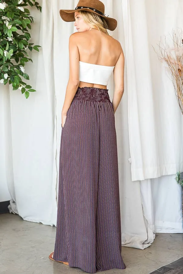 Sabrina wide leg maxi pants, burgundy combo, smocked waist, on sale.