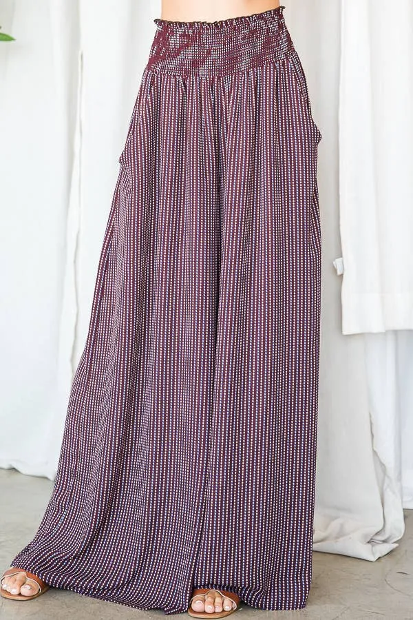 Sabrina wide leg maxi pants, burgundy combo, smocked waist, on sale.