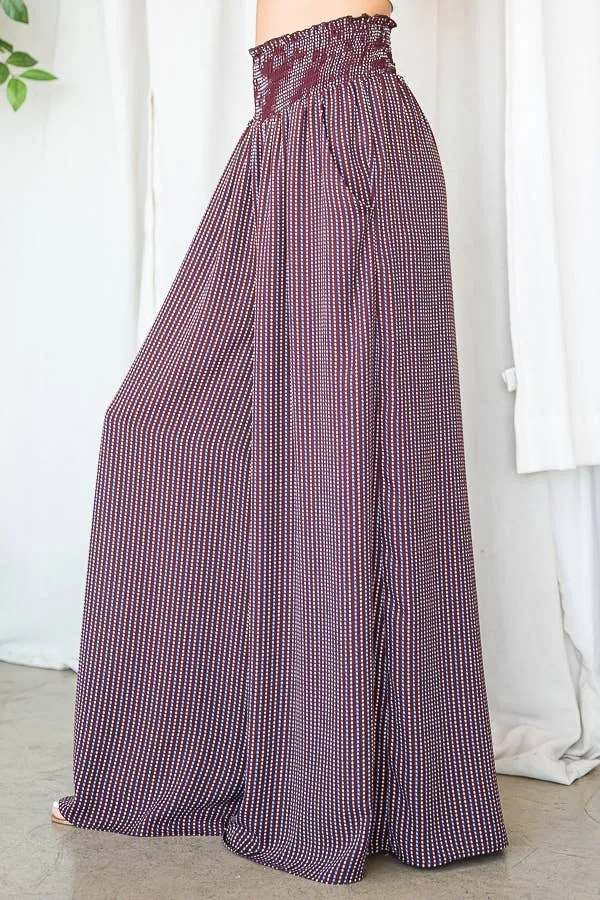 Sabrina wide leg maxi pants, burgundy combo, smocked waist, on sale.