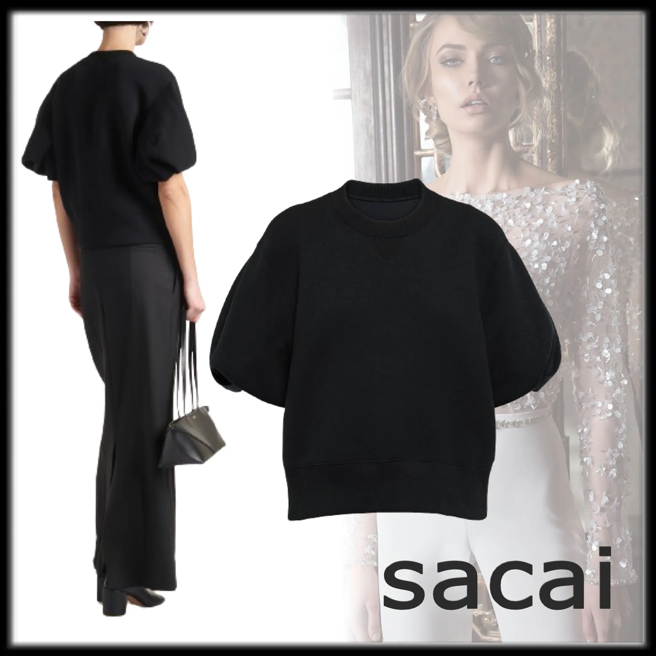 sacai crew neck sweatshirt, plain cotton short sleeves, puff sleeves