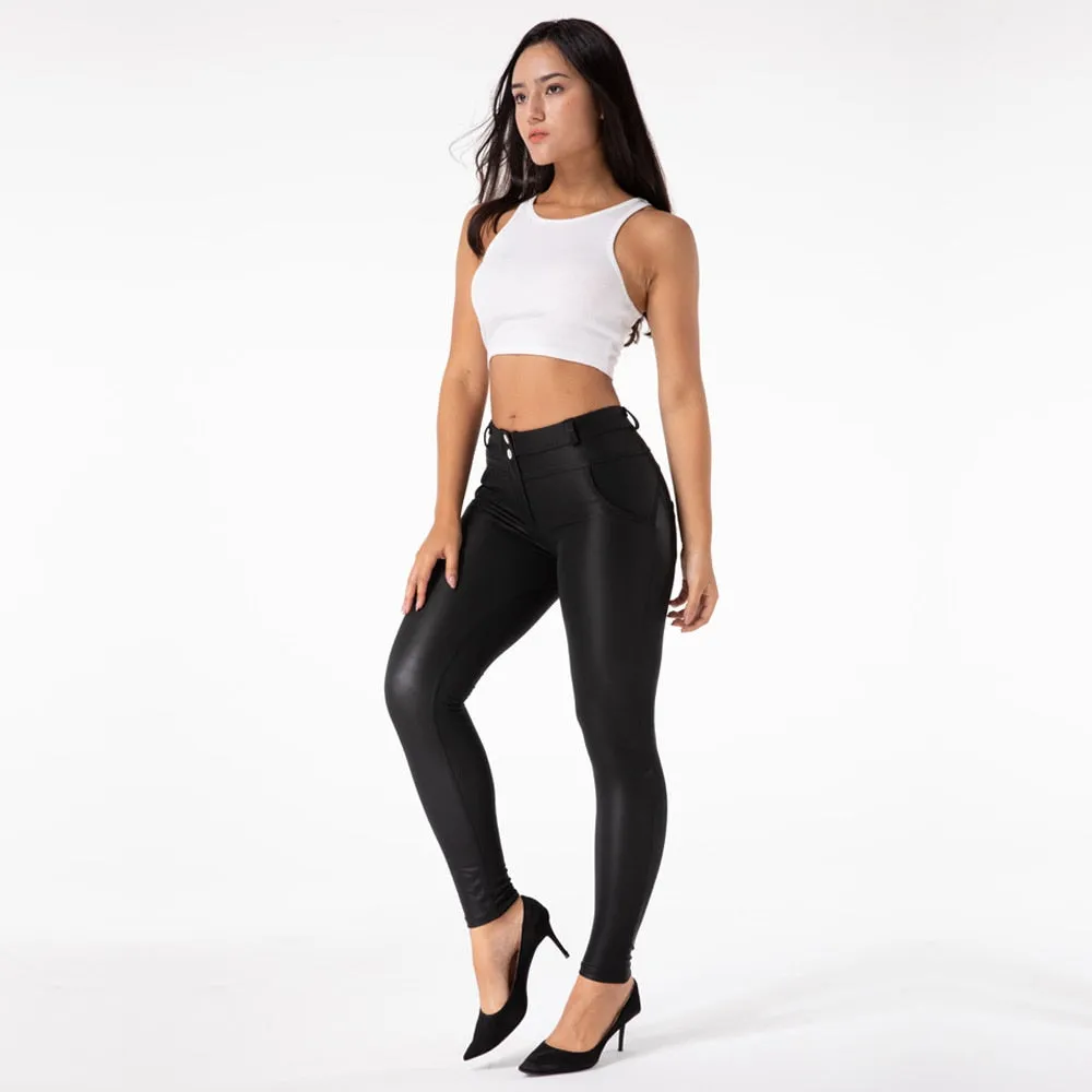 Sexy Black Faux Leather Skinny Butt Lifting Jeggings for Women