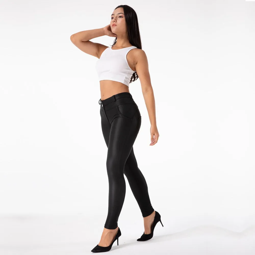 Sexy Black Faux Leather Skinny Butt Lifting Jeggings for Women