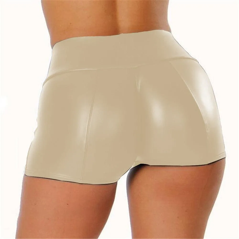 Shiny Faux Leather Bodycon Shorts - Elastic Waist Wetlook Trunks | Google SEO Result: Faux Leather Bodycon Shorts - Shiny, Elast