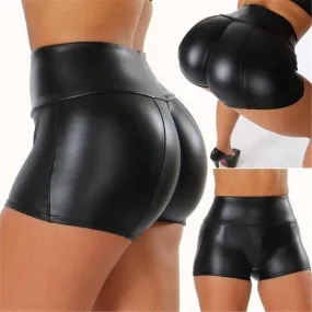 Shiny Faux Leather Bodycon Shorts - Elastic Waist Wetlook Trunks | Google SEO Result: Faux Leather Bodycon Shorts - Shiny, Elast