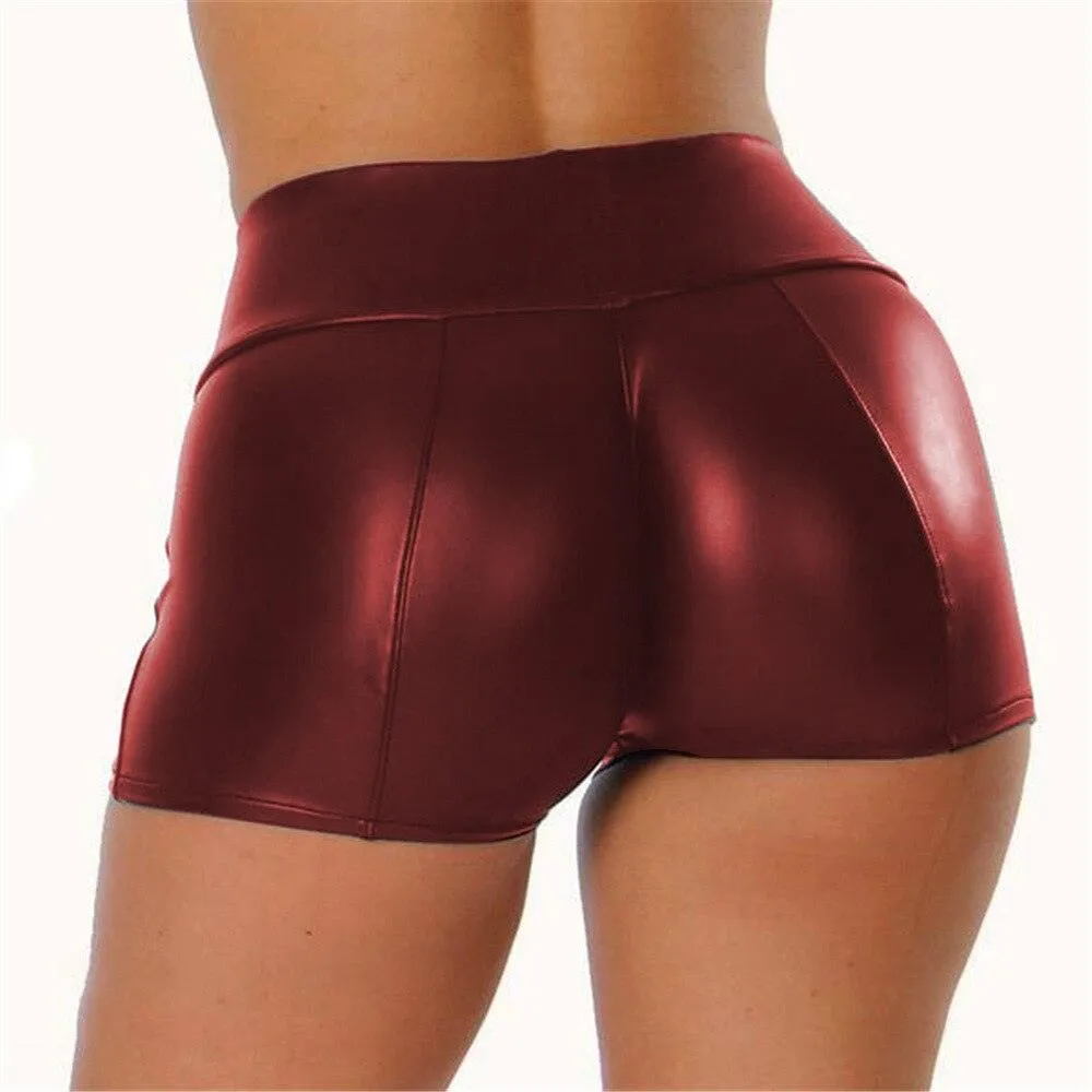 Shiny Faux Leather Bodycon Shorts - Elastic Waist Wetlook Trunks | Google SEO Result: Faux Leather Bodycon Shorts - Shiny, Elast