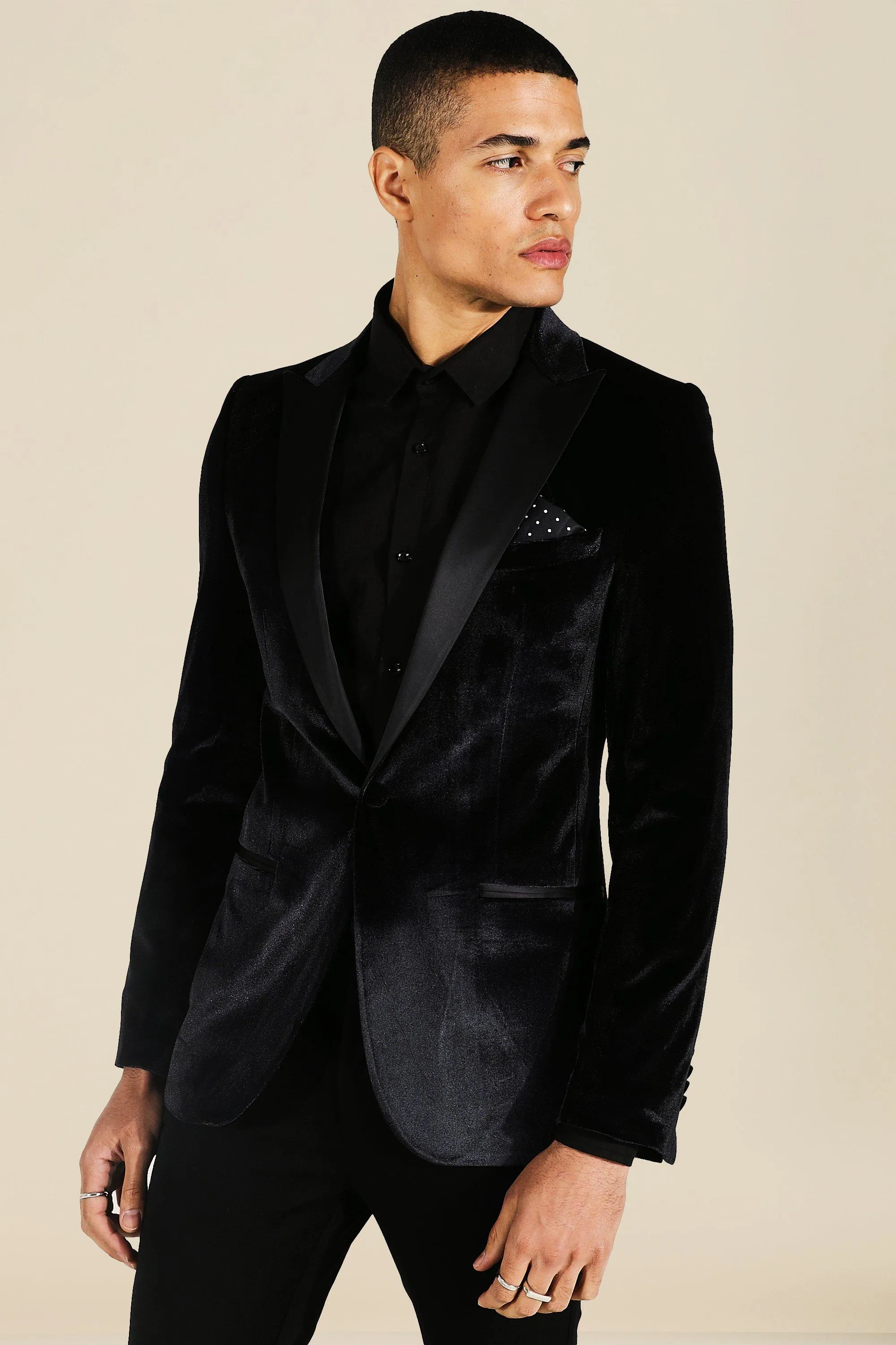 Skinny Velour Satin Lapel Single Breasted Blazer