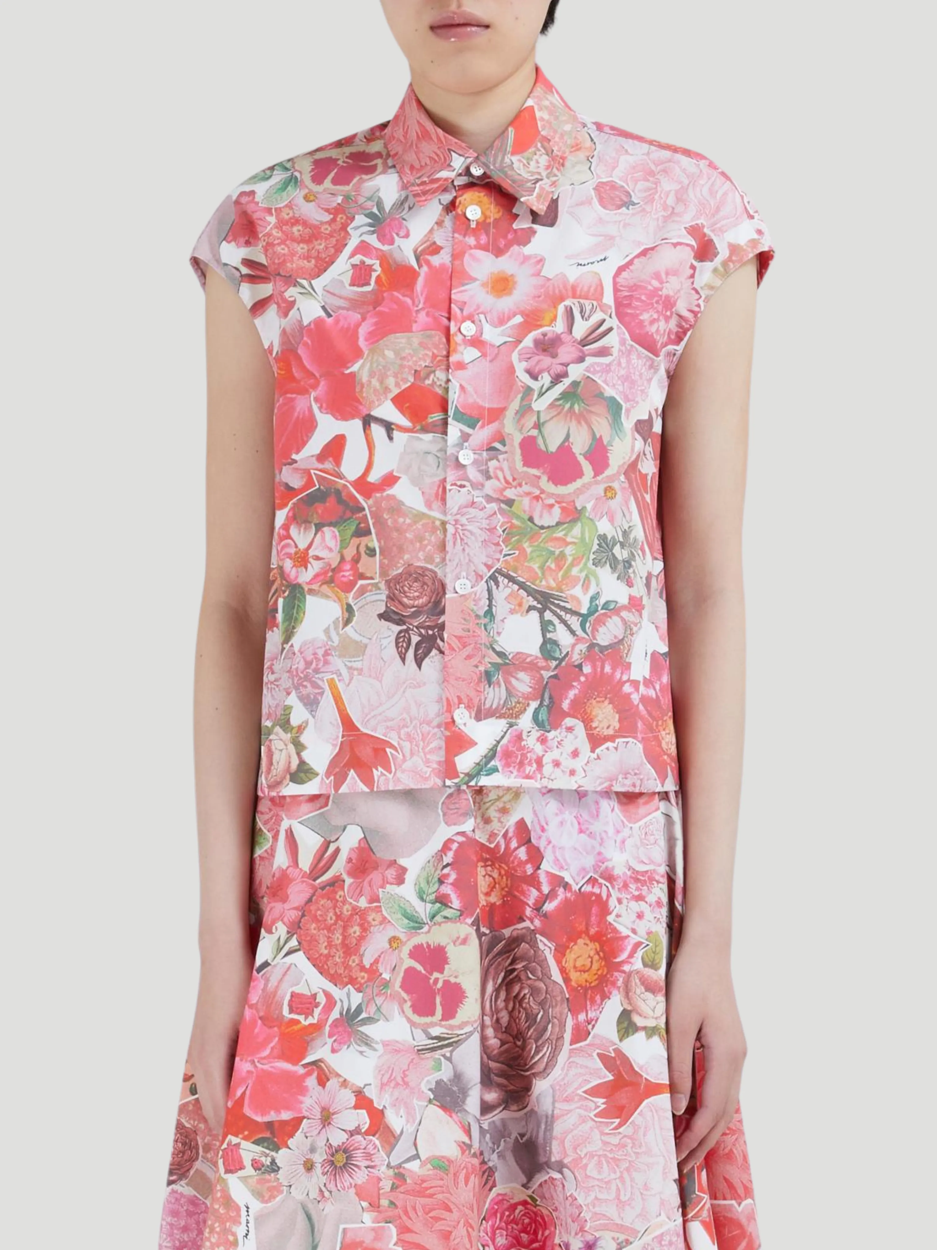 Sleeveless Floral Cotton Poplin Shirt