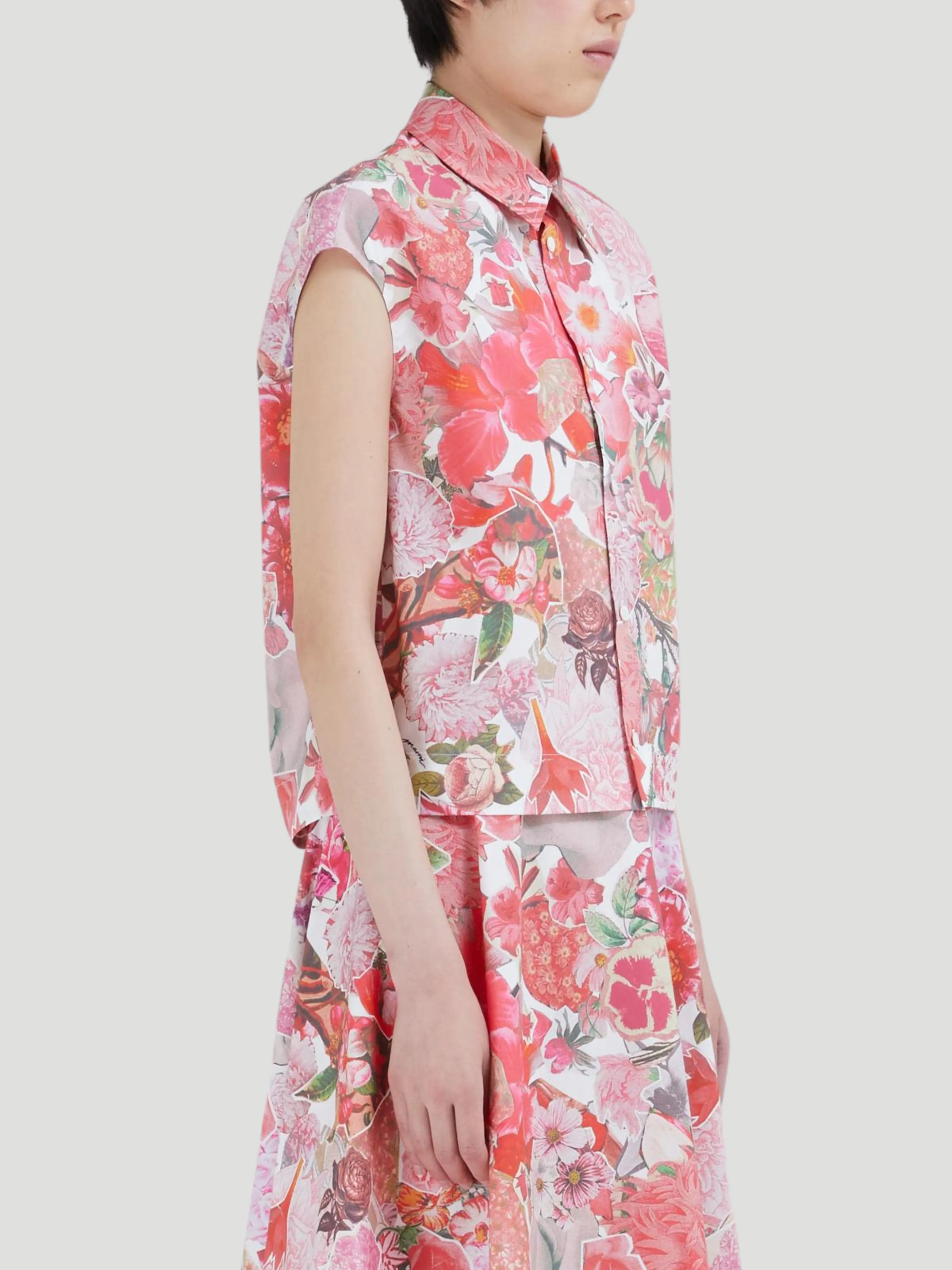 Sleeveless Floral Cotton Poplin Shirt