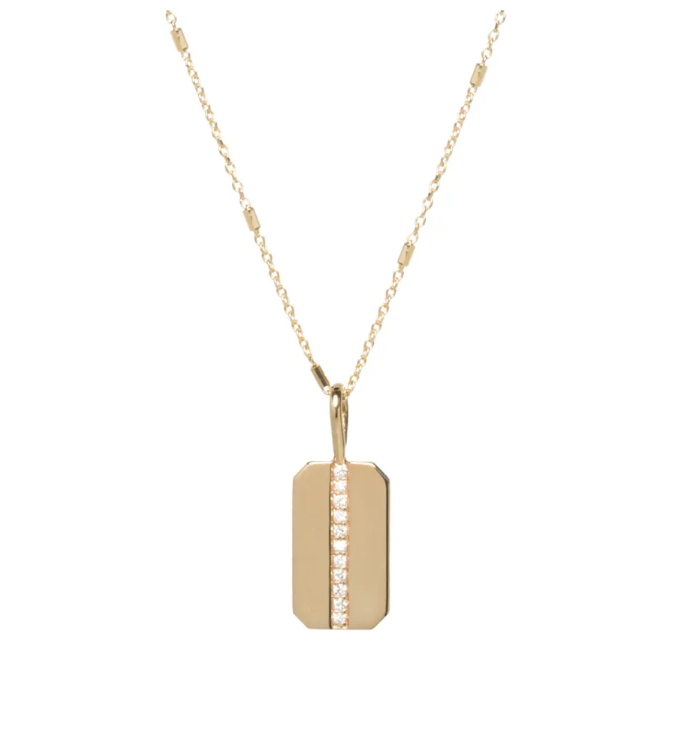 Small Diamond Dog Tag Necklace With Pavé Line Square Edge.