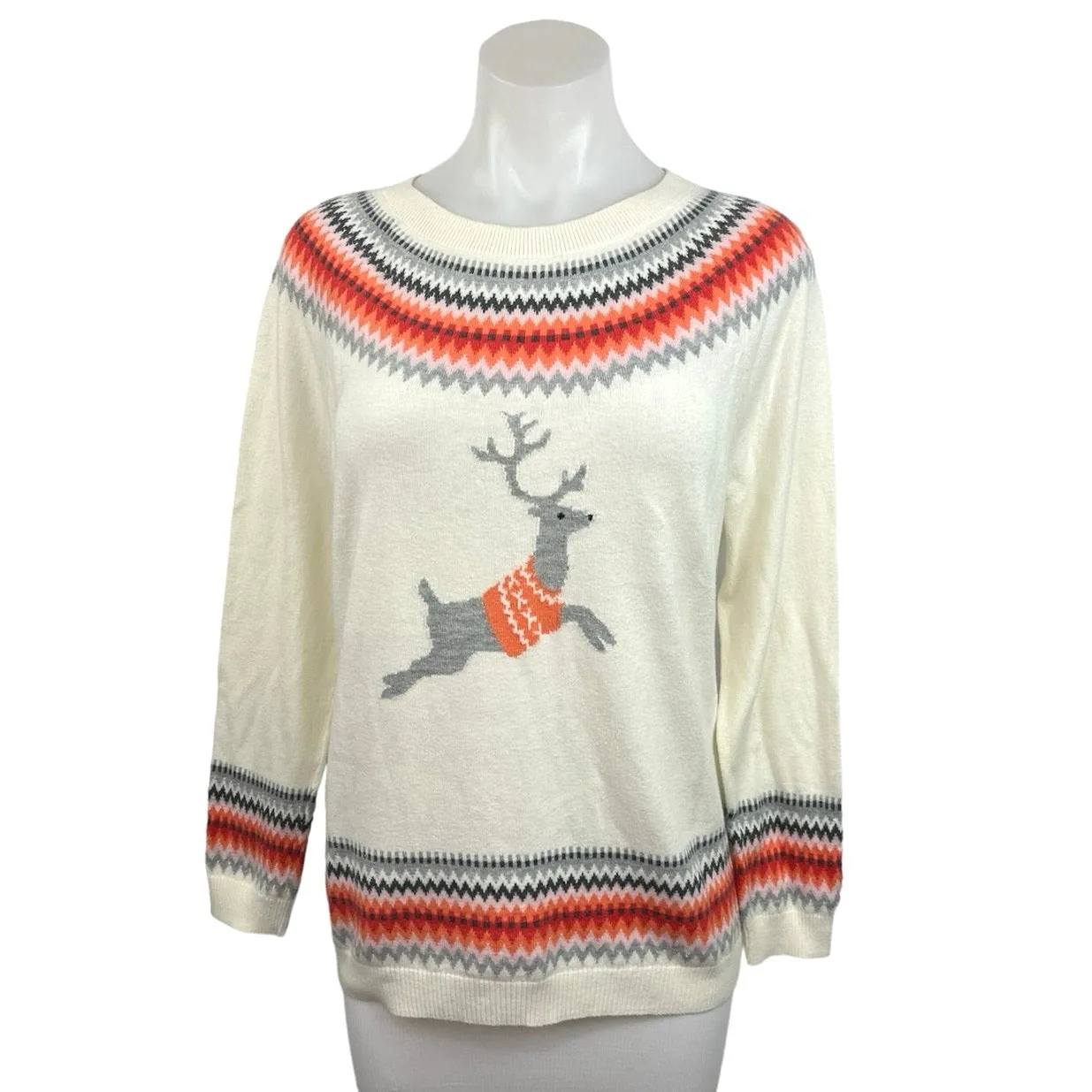 Talbots Cream Reindeer Fair Isle Crew Neck Knit Pullover Holiday Sweater Size M