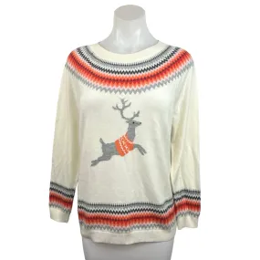 Talbots Cream Reindeer Fair Isle Crew Neck Knit Pullover Holiday Sweater Size M