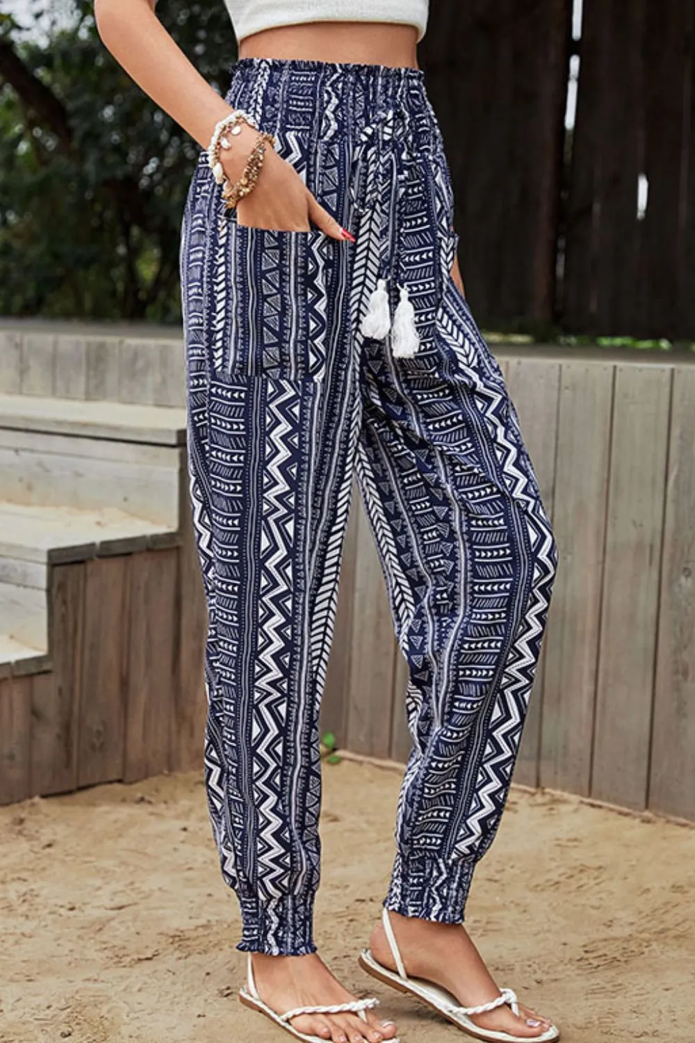 Tassel Smocked Pants in Navy - Buy Now