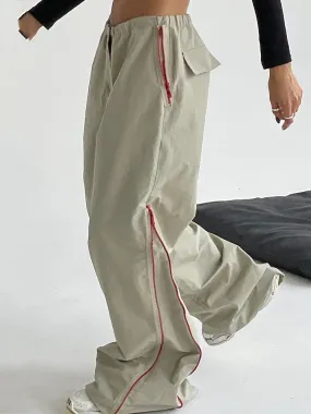 Trendy Baggy Pants Patchwork Zipper Trousers - High Waist Hit Color Loose Floor Length Pants - Female Fashion Clothing 202