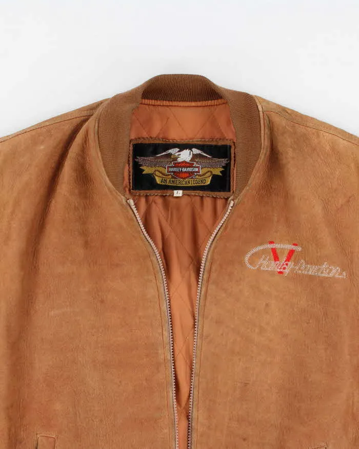 Vintage Harley Davidson Suede Leather Bomber Jacket, Men's Tan - Size M.