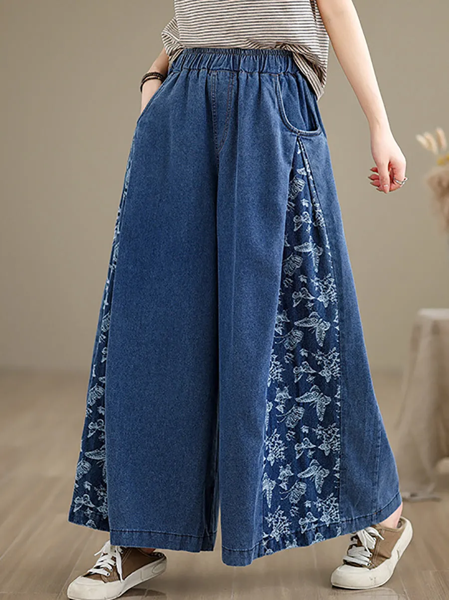 vintage summer butterfly denim pants, wide-leg spliced, KL1037