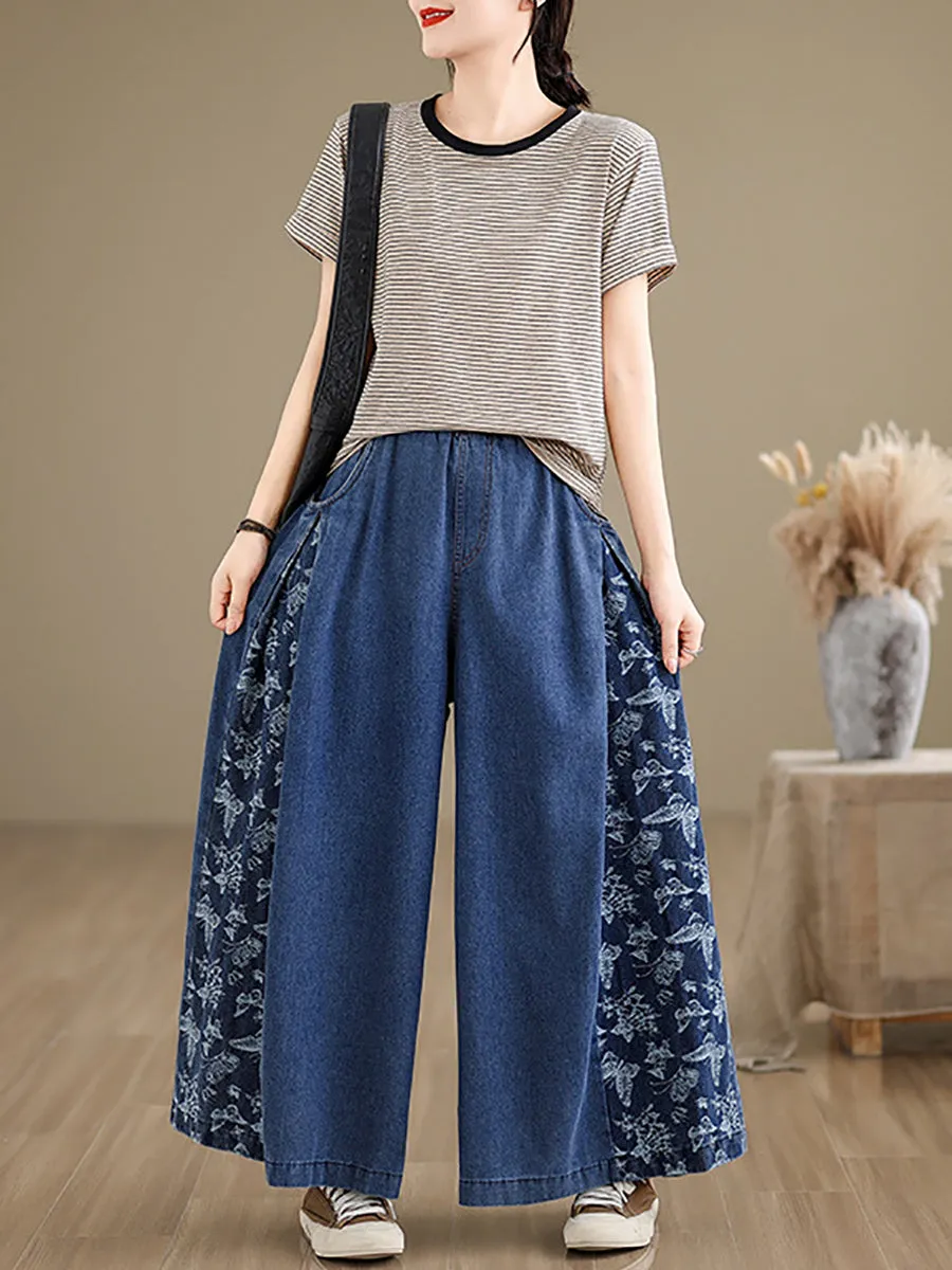 vintage summer butterfly denim pants, wide-leg spliced, KL1037